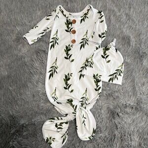 Caden Lane Baby Knot Gown + Hat Leaf Plants White